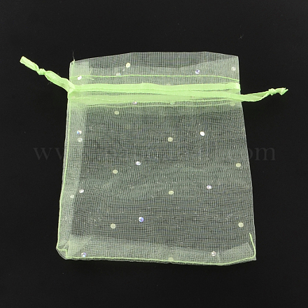 グリッタースパンコール付きレクタングルオーガンジーバッグ巾着袋  ギフトバッグ  芝生の緑  11x8cm X-OP-R020-8x11-09-1