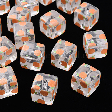 透明印刷アクリルビーズ  フルーツ模様の四角  オレンジ柄  16x16x16mm  穴：3mm MACR-S374-08A-07-1