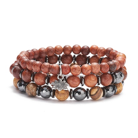 3Pcs 3 Style Natural Picture Jasper & Wood & Synthetic Hematite Stretch Bracelets Set with Alloy Lotus Charm BJEW-JB08422-1