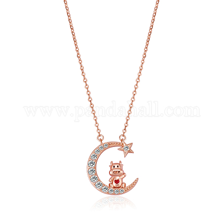 Collar del zodiaco chino collar de buey 925 plata esterlina oro rosa ganado en la luna colgante encanto collar circón luna y estrella collar lindo animal joyería regalos para mujeres JN1090B-1