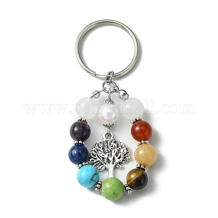 7 porte-clés pendentif en perles de pierres précieuses chakra avec breloque en alliage de style tibétain KEYC-JKC00539-05-1
