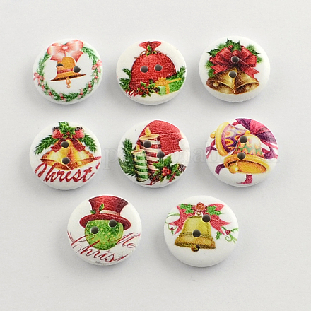 2-Hole Bell Printed Wooden Buttons X-BUTT-R032-053-1