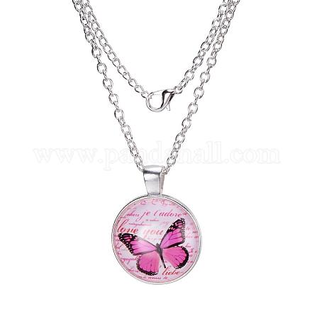 Butterfly with Word Pattern Flat Round Glass Pendant Necklaces X-NJEW-N0051-008K-02-1
