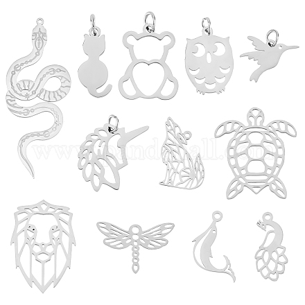 DICOSMETIC 24pcs 12 Styles Stainless Steel Laser Cut Animal Charms Peacock Charms Unicorn Pendants Dolphin/Sea Turtle Pendants Wolf/Lion Charms Filigree Joiners Links for Jewelry Making STAS-DC0003-01-1