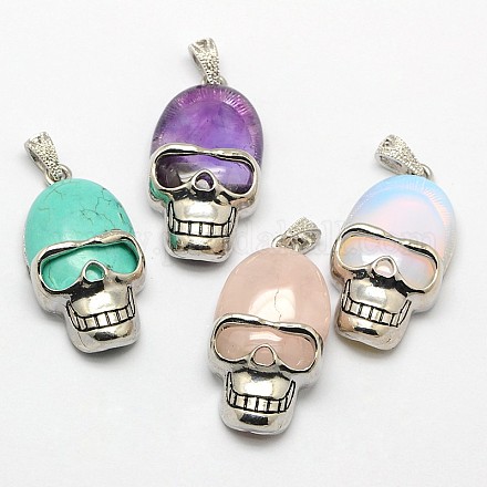 Personalized Retro Halloween Skull Jewelry Bezel Natural & Synthetic Mixed Gemstone Pendants G-M038-01-1