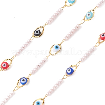 304 cadena de eslabones de mal de ojo de resina de acero inoxidable con cuentas de perlas de imitación abs CHS-P016-33G-1