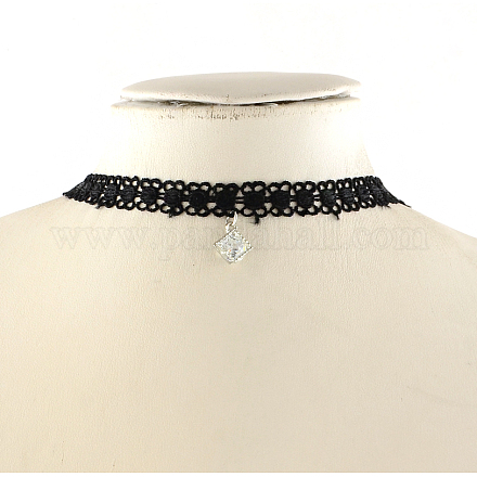 Gothic Style Vintage Lace Choker Necklaces with Alloy Cubic Zirconia Charms NJEW-R227-75-1
