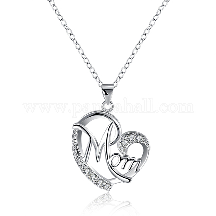 Cadeaux de fête des mères coeur en laiton plaqué argent zircone cubique avec colliers à pendentif maman NJEW-BB16173-1