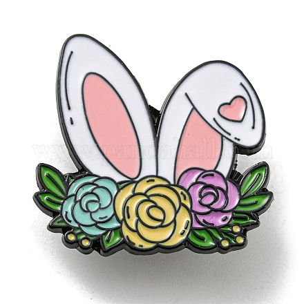 イースターウサギの卵の花のエナメルピン  素敵なウサギのバッジ  バックパックの衣類用の黒合金ブローチ  花  28x29x1.5mm JEWB-P028-B04-1
