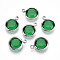 K9 Glass Charms, Flat Round, with Brass Findings, Faceted, Platinum, Green, 13.5~14x10.5~11x3.5~4mm, Hole: 1.8mm