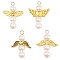 Shell Pearl Pendants, Angel Charms with Golden Tone Alloy Wings, Floral White, 28~29x20~22x6.5mm, Hole: 3mm