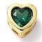 Brass inlaid Cubic Zirconia Slide Charms, Real 18K Gold Plated, Heart, Dark Green, 6.5x6.5x4mm, Hole: 0.8x2mm