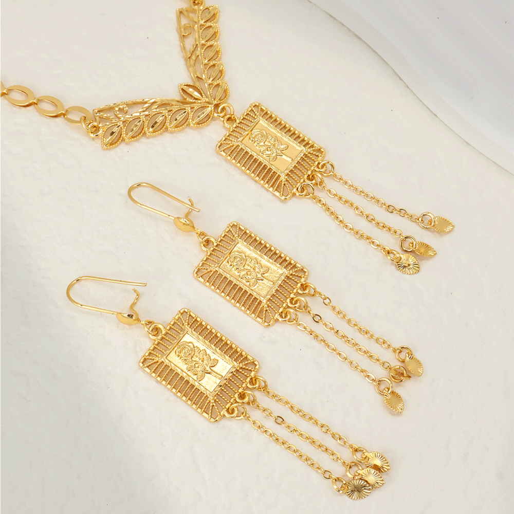 Elegant Vintage Brass Rectangle with Flower Tassels Earrings & Necklaces Sets for Women, Real 18K Gold Plated