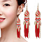 Feather Alloy Seed Beads Dangle Earrings, Teardrop, Red, 134x21mm