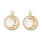 Brass Micro Pave Cubic Zirconia Pendants, with Shell, Flat Round with Moon, Real 18K Gold Plated, 17.5x16x3mm, Hole: 3mm