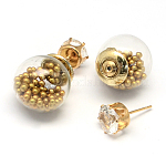 女性の両面ガラス玉スタッドピアス  内部の模造真珠のアクリルビーズ付き  ラインストーンと黄金の鉄ピン  ダークチソウ  16mm  8mm  ピン：0.7mm