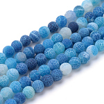 Chapelets de perle en agate craquelée naturelle et teinte, style mat, ronde, bleu, 8~8.5mm, Trou: 1mm, Environ 48 pcs/chapelet, 14 pouce