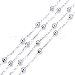 Anlaufbeständige 304 Edelstahl-Kabelketten, mit 304 Edelstahlperlen, gelötet, mit Spule, Edelstahl Farbe, Link: 1.5x1.2x0.2 mm, Perlen: 3 mm, ca. 32.8 Fuß (10m)/Rolle