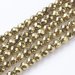 No magnético hematites sintética abalorios hebras, Recubrimiento al vacío PVD, Plateado de larga duración, facetas (64 facetas), redondo, oro chapado, oro, 3mm, agujero: 1 mm