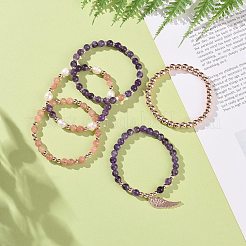 Set di braccialetti elasticizzati con perline rotonde in ematite sintetica e perle d'acqua dolce coltivate in 5 pz 5 stili di ametista naturale e pietra solare&nbsp;BJEW-JB09084