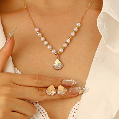 Ожерелье с подвеской в форме ракушки из сплава и пластика с жемчугом и хрустальными стразами и серьга-гвоздик&nbsp;FS-WG40A88-02