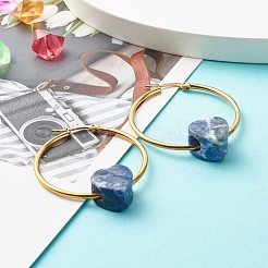 女の子の女性のためのハートナチュラルソーダライトビーズイヤリング  304ステンレススチールビッグフープピアス  ゴールドカラー  49x39.5mm  ピン：0.8mm&nbsp;EJEW-JE04638-05