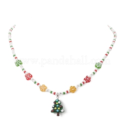 Collier pendentif lampwork arbre de noël avec des chaînes de fleurs de graines de verre pour les femmes&nbsp;NJEW-TA00070
