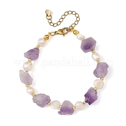 Pepite di ametista naturale grezza e braccialetti di perle coltivate d'acqua dolce naturali&nbsp;BJEW-JB14387-01