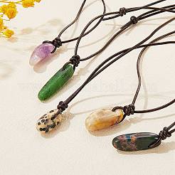5 pièces 5 style naturel mélangé pépites de pierres précieuses pendentif collier avec cordon en cuir de vachette pour les femmes&nbsp;NJEW-SZ0001-58