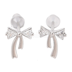 Женские серьги-гвоздики из латуни с микро-паве и бантом из прозрачного кубического циркония EJEW-P288-06P