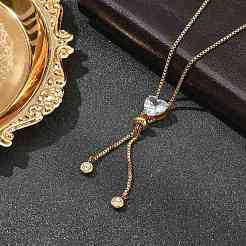 304 нержавеющая сталь кристалл горный хрусталь сердце коробка цепь лариат ожерелья для женщин NJEW-B131-03G