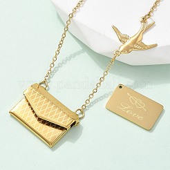 304ステンレススチールエンボロープ＆バードペンダントネックレス（女性用）  18KGP本金メッキ  16.93インチ（43cm）&nbsp;NJEW-U037-01B-G
