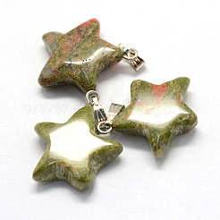 スター天然ユナカイトペンダント  プラチナトーンの真鍮パーツ  22~23x20~24x5~7mm  穴：2x7mm&nbsp;G-Q367-15