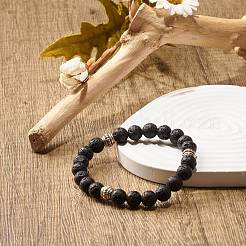 Эластичный браслет из натуральной лавы и сплава с круглыми бусинами&nbsp;BJEW-JB07897-01