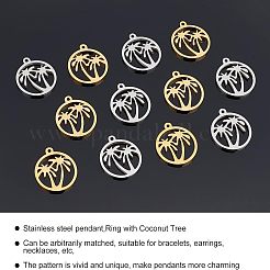 12個2色201ステンレスペンダント  手動研磨  ヤシの木と環  本金メッキ&ステンレススチールカラー  18x16x1.5mm  穴：1.2mm  6個/カラー&nbsp;STAS-UN0029-08