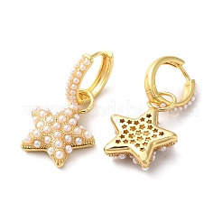 プラスチックパールビーズスターダングルフープピアス  女性のための真鍮のアクセサリー  ゴールドカラー  34.5mm  ピン：0.8mm&nbsp;EJEW-Q024-09G
