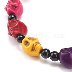 Natürlicher Mashan-Jade-Totenkopf und synthetisches türkisfarbenes (gefärbtes) Perlen-Stretch-Armband&nbsp;BJEW-JB08377-05