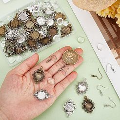 DIYのブランクドームイヤリング製作キット  トレイ付きフラワー合金ペンダントを含む  半円形のガラスカボション  真鍮のピアスフック  アンティークブロンズ＆アンティークシルバー  120個/箱&nbsp;DIY-SC0021-58