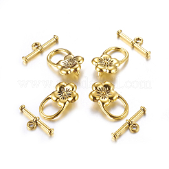 チベットスタイルの花マンテル  カドミウムフリー＆鉛フリー  アンティーク黄金  花：22x14x6mm  穴：2mm  バー：20x7x3mm  穴：2mm  約340 / 1000 Gにセッティング&nbsp;TIBE-2119-AG-RS