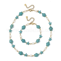 Ensembles collier et bracelet en perles de turquoise synthétique avec étoiles de mer et tortues&nbsp;SJEW-JS01385-02