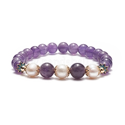 Braccialetto elasticizzato da donna con pietre preziose naturali e perle e ottone con perline floreali&nbsp;BJEW-JB09010