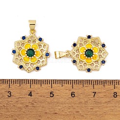 真鍮製マイクロパヴェキュービックジルコニアペンダント  カドミウムフリー＆ニッケルフリー＆鉛フリー  ガラスとエナメル  18KGP本金メッキ  花のチャーム  ゴールド  26.5x18x4mm  穴：5.5x3.5mm&nbsp;KK-E108-18G