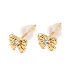 Серьги-гвоздики из латуни с микро-паве и бантом из прозрачного кубического циркония&nbsp;EJEW-P331-11G