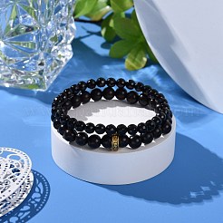 天然木と合成黒石のラウンドビーズストレッチブレスレットセット  男性女性のための溝付き合金ビーズブレスレット  アンティーク黄金  ブラック  内径：2-1/8インチ（5.5cm）  2個/セット&nbsp;BJEW-JB07094