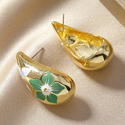 エレガントなティアドロップ型の花柄合金スタッドピアス  グリーン  33x18mm&nbsp;HV4164-3