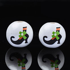 ハロウィンプリント天然木ビーズ  魔女の足で丸い  ライム  15.5x14.5mm  穴：4mm&nbsp;WOOD-S057-076