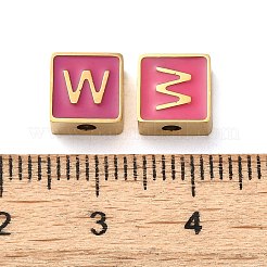 304ステンレススチールエナメルビーズ  14KGP本金メッキ  文字のある正方形  文字W  8x8x4mm  穴：2mm&nbsp;STAS-L022-293G-W