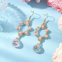 3ペア3色ガラスダングルイヤリング  アクリル模造真珠ビーズと304ステンレススチールのイヤリングワイヤー付き  花  ミックスカラー  71x23mm  1対/カラー&nbsp;EJEW-MZ00255