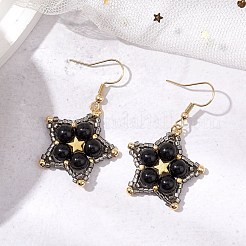 ナチュラルブラックオニキスダングルピアス  ガラスシードビーズと304ステンレススチールのピアスフック付き  スター  46x27mm&nbsp;EJEW-JE06238-01