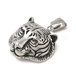 304ステンレスペンダント  虎のチャーム  アンティークシルバー  34.5x31.5x12.5mm  穴：9x4.5mm&nbsp;STAS-U001-10AS